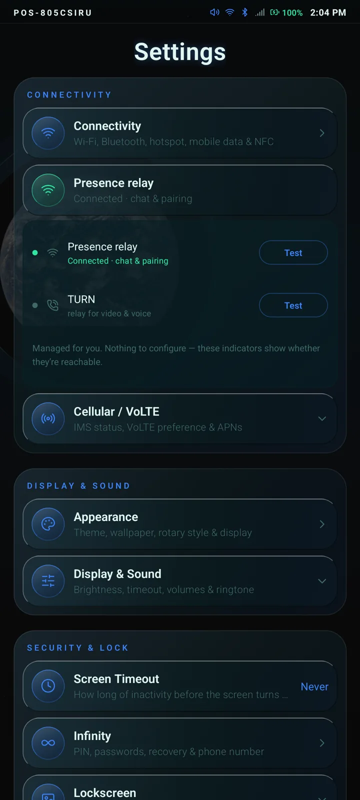 Real PresenceOS screenshot: Settings live-testing the Presence relay and TURN server, plus display, accessibility and notification controls — Ocean theme