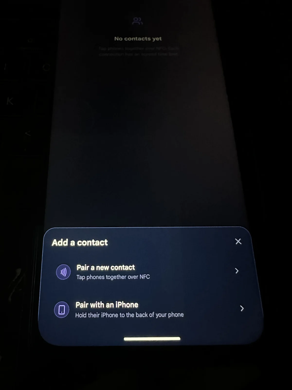 Android Guardian contact pairing screen using NFC and iPhone pairing