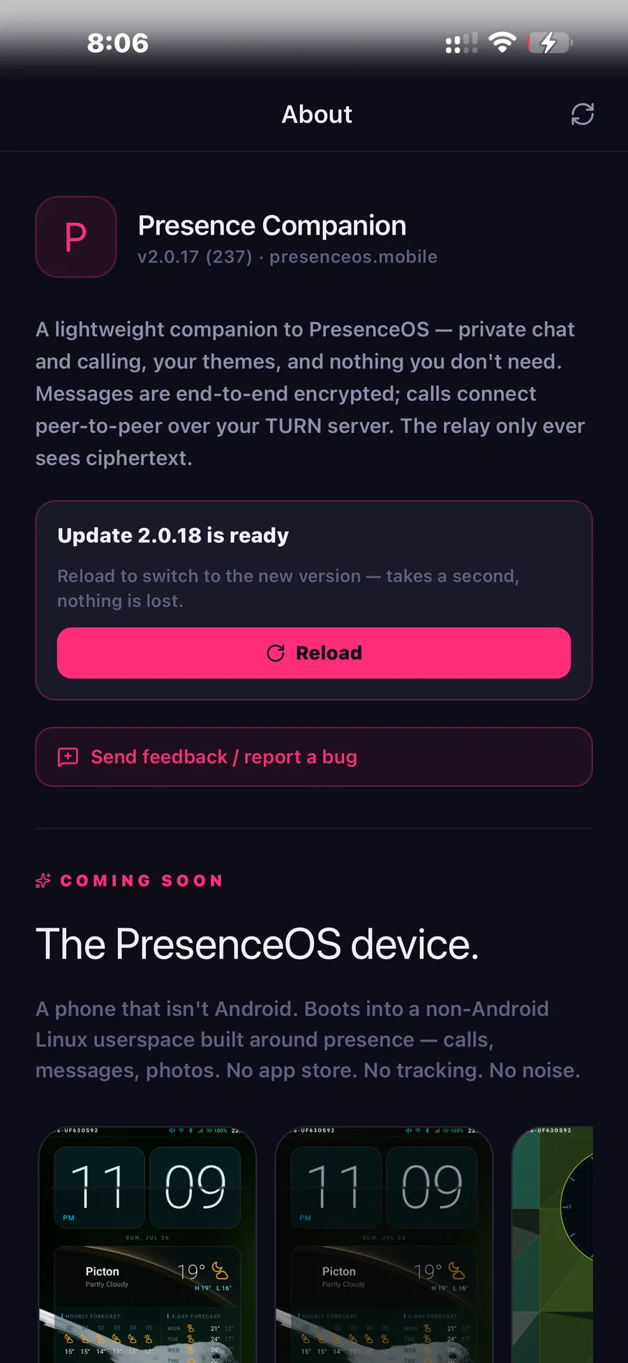 Presence Companion About screen on iOS