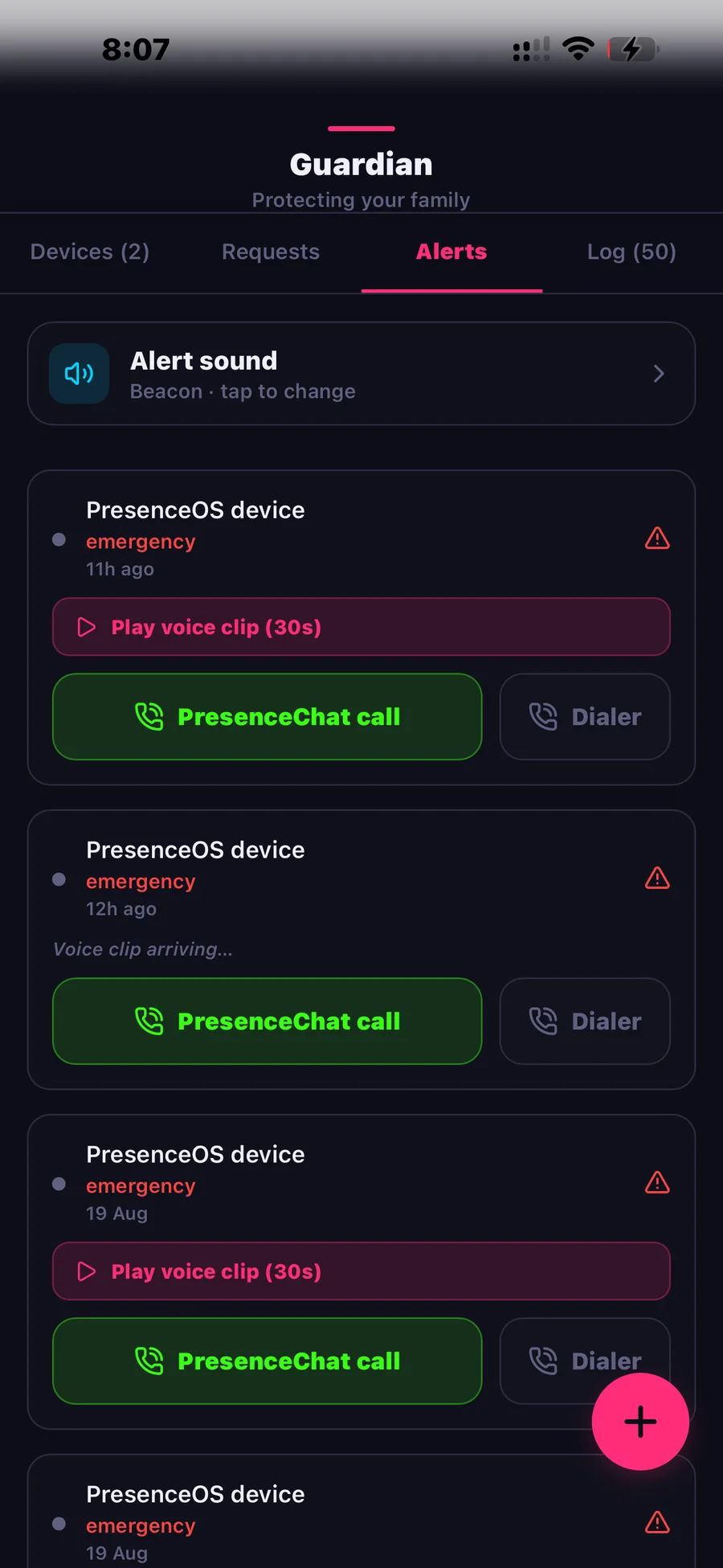 Guardian alerts screen on iOS