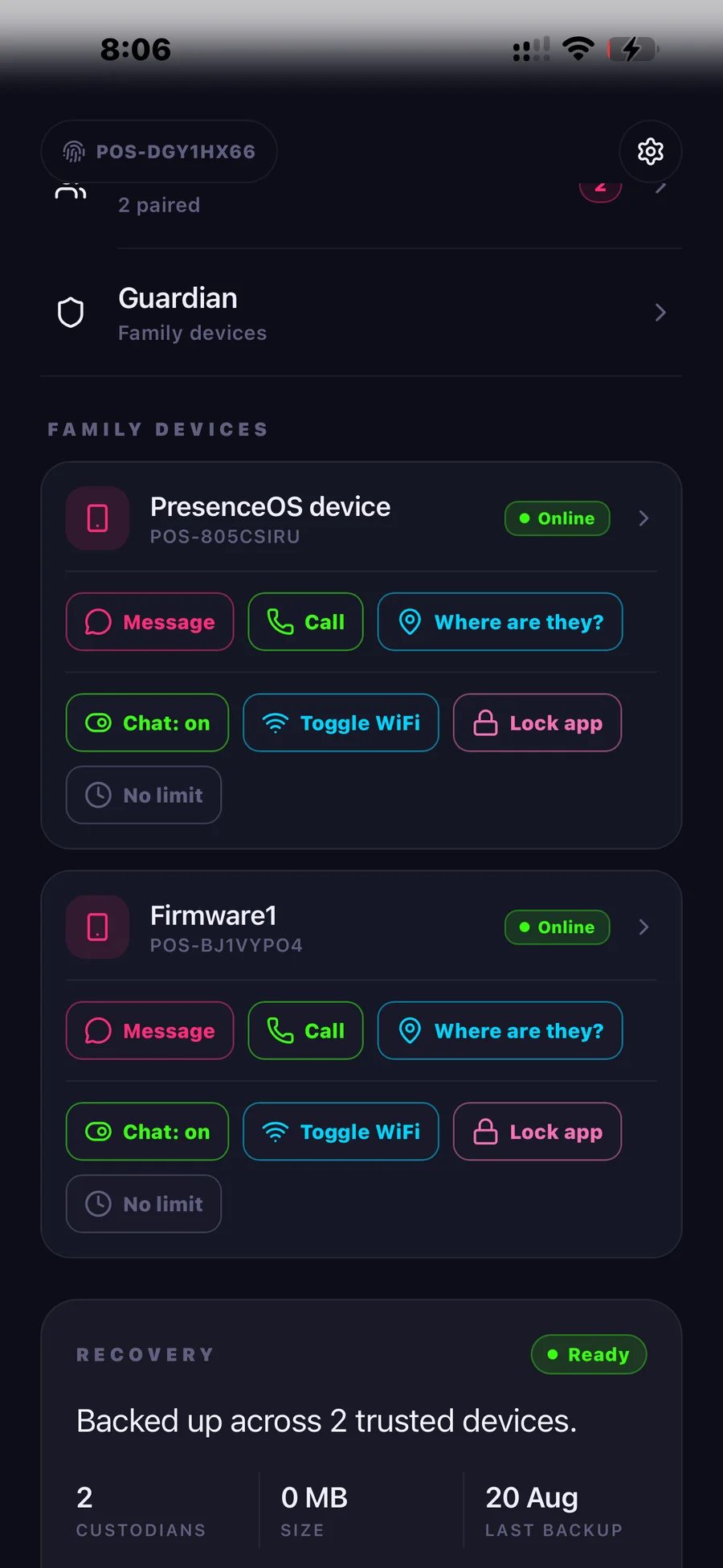 Guardian family devices screen on iOS