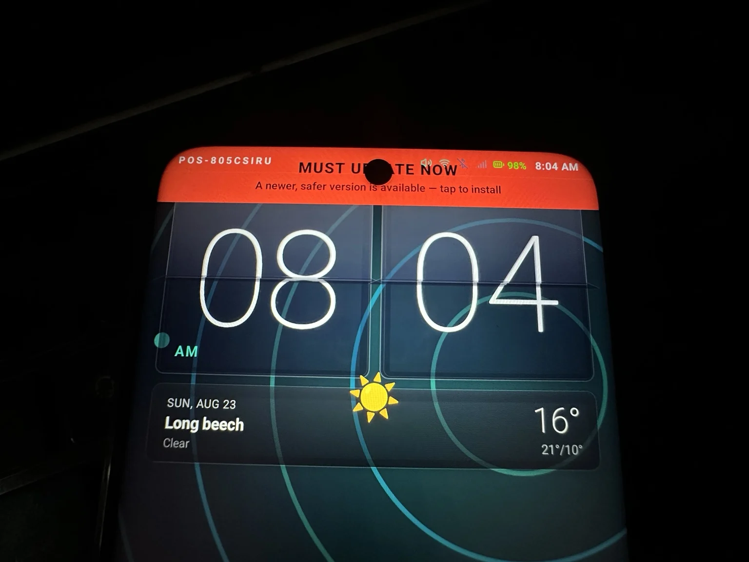 PresenceOS device displaying an urgent OTA update banner