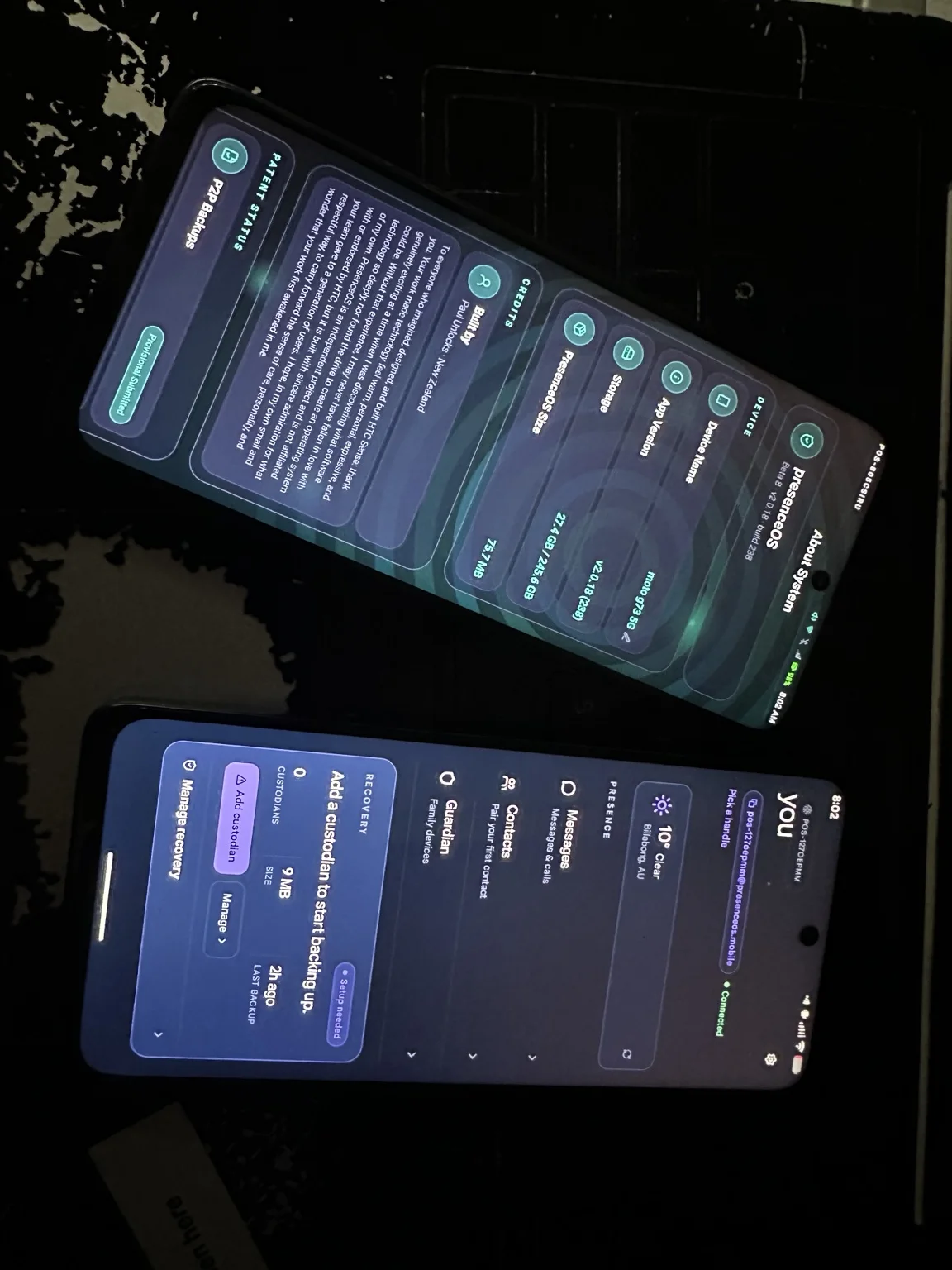 Two-device PresenceOS development setup showing system information and companion recovery