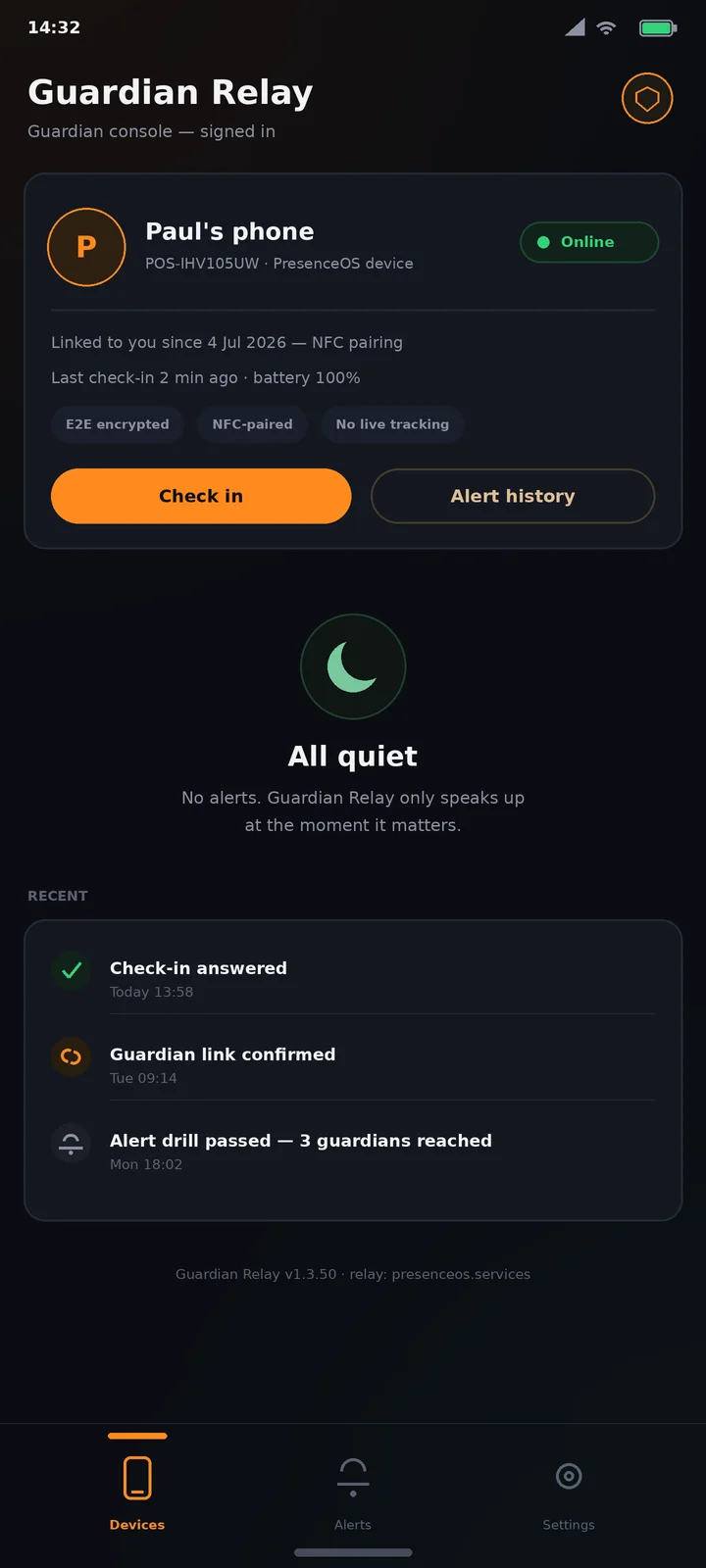 Mock-up of the Guardian Relay companion app: a linked PresenceOS device shown online and quiet — no alerts, event log below. Drawn mock-up, not a screenshot, because the real app refuses screen capture at the OS level.