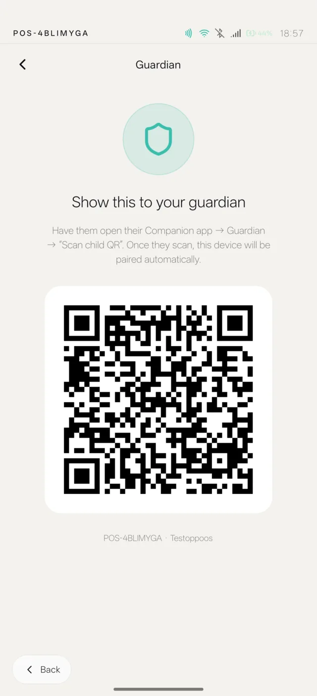 Real PresenceOS screenshot: Guardian pairing QR code screen