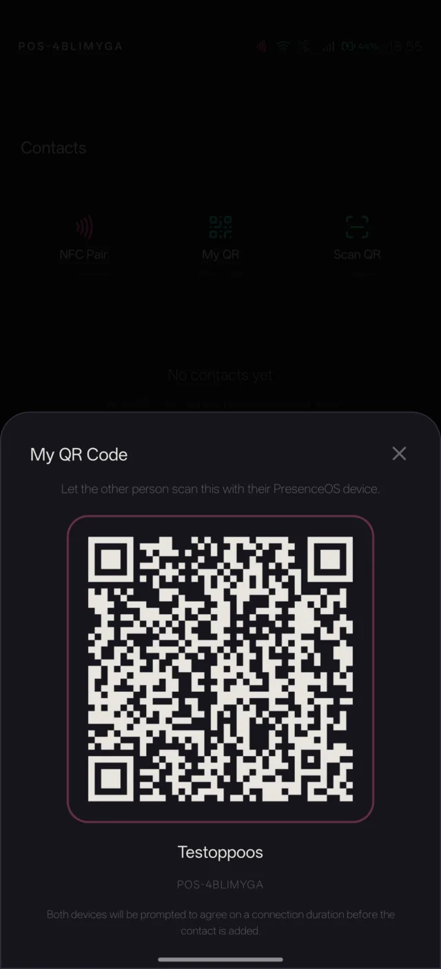 Real PresenceOS screenshot: QR code contact pairing