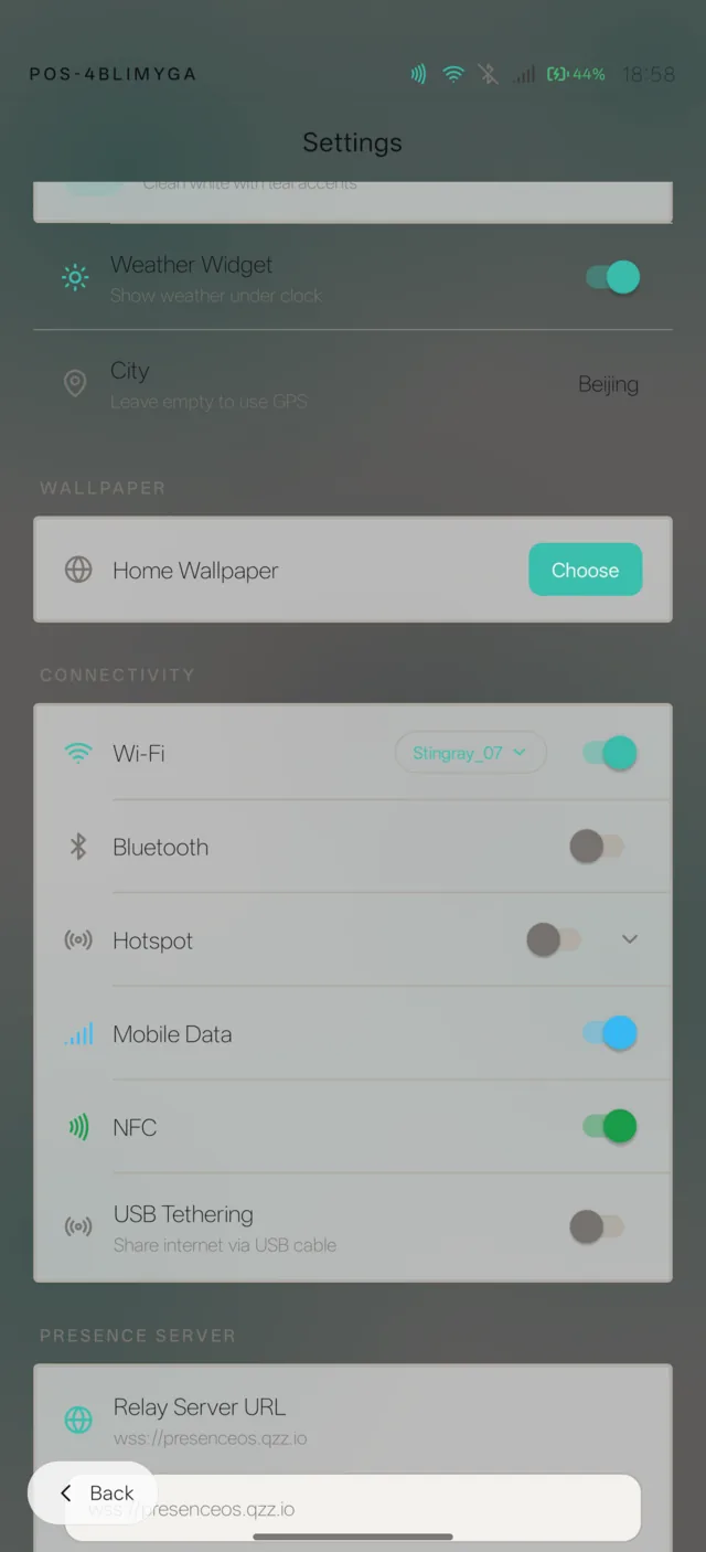 Real PresenceOS screenshot: Connectivity settings showing relay server