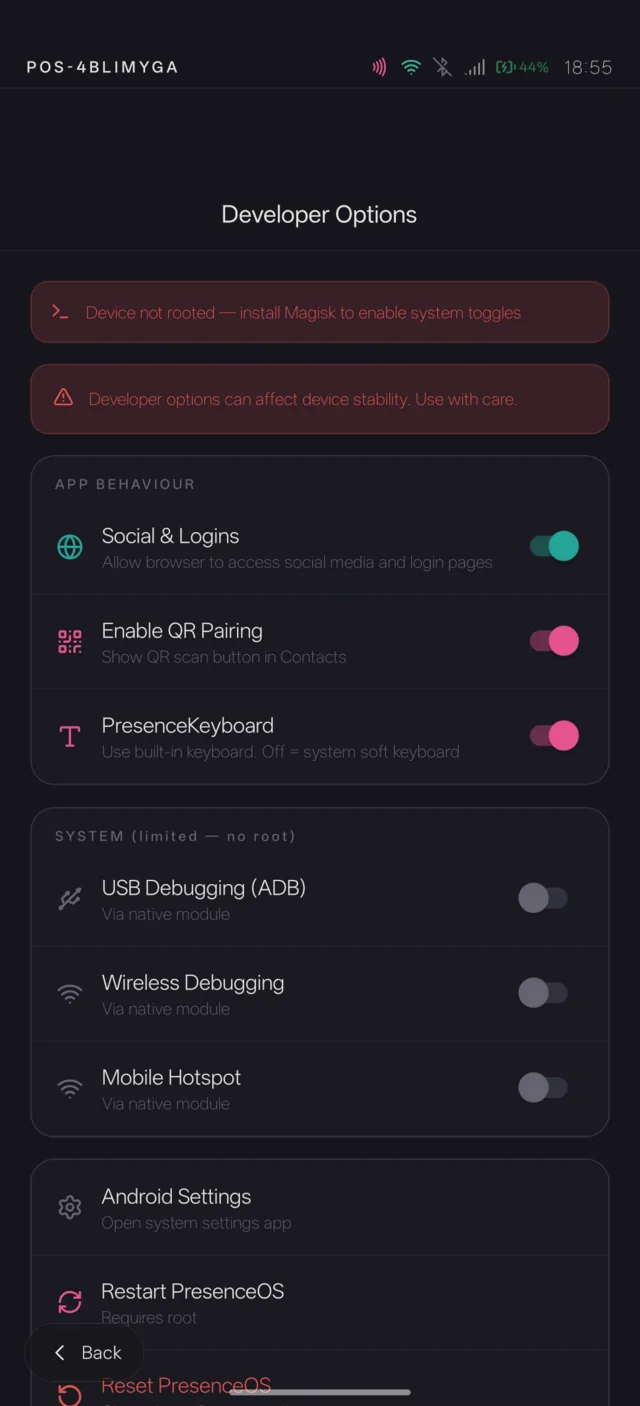 Real PresenceOS screenshot: Social & Logins toggle in Developer Options