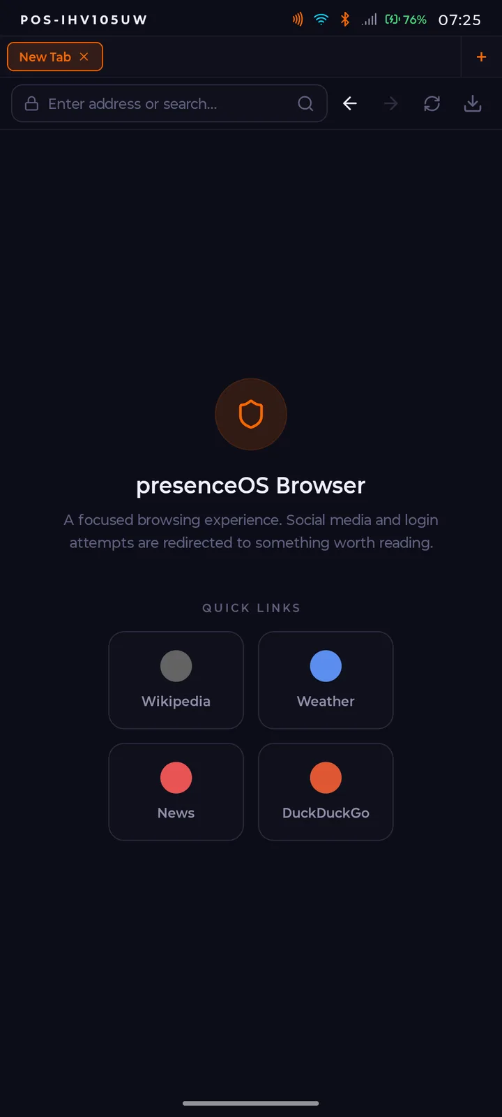 Real PresenceOS screenshot: the built-in browser's new-tab screen — social media and login attempts are redirected, quick links to Wikipedia, weather, news and DuckDuckGo