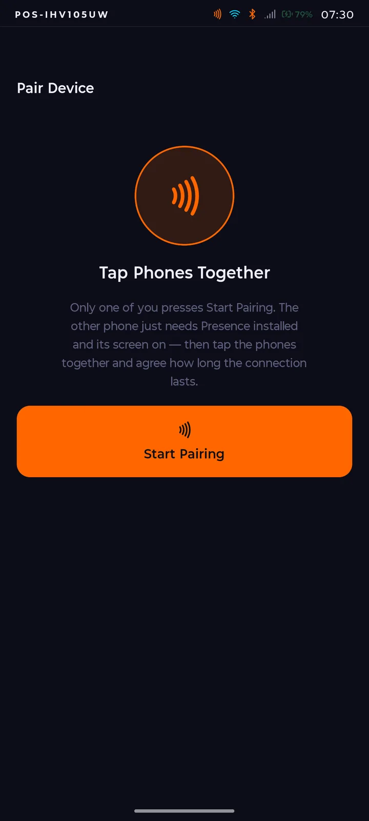 The Pair Device screen on the live device
