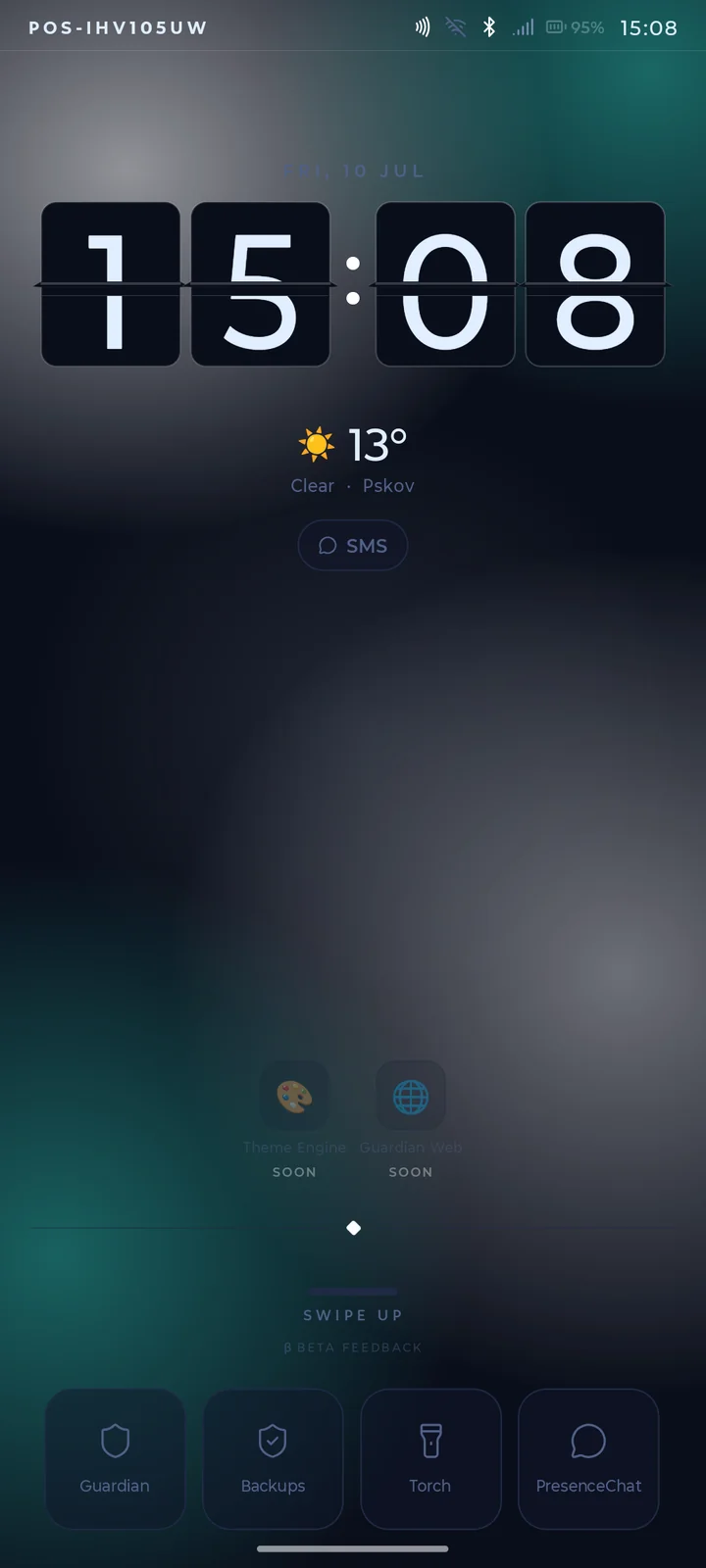 PresenceOS Beta 7 home screen in the Ocean theme, flip clock and weather — real screenshot from the moto g56 5G on my bench