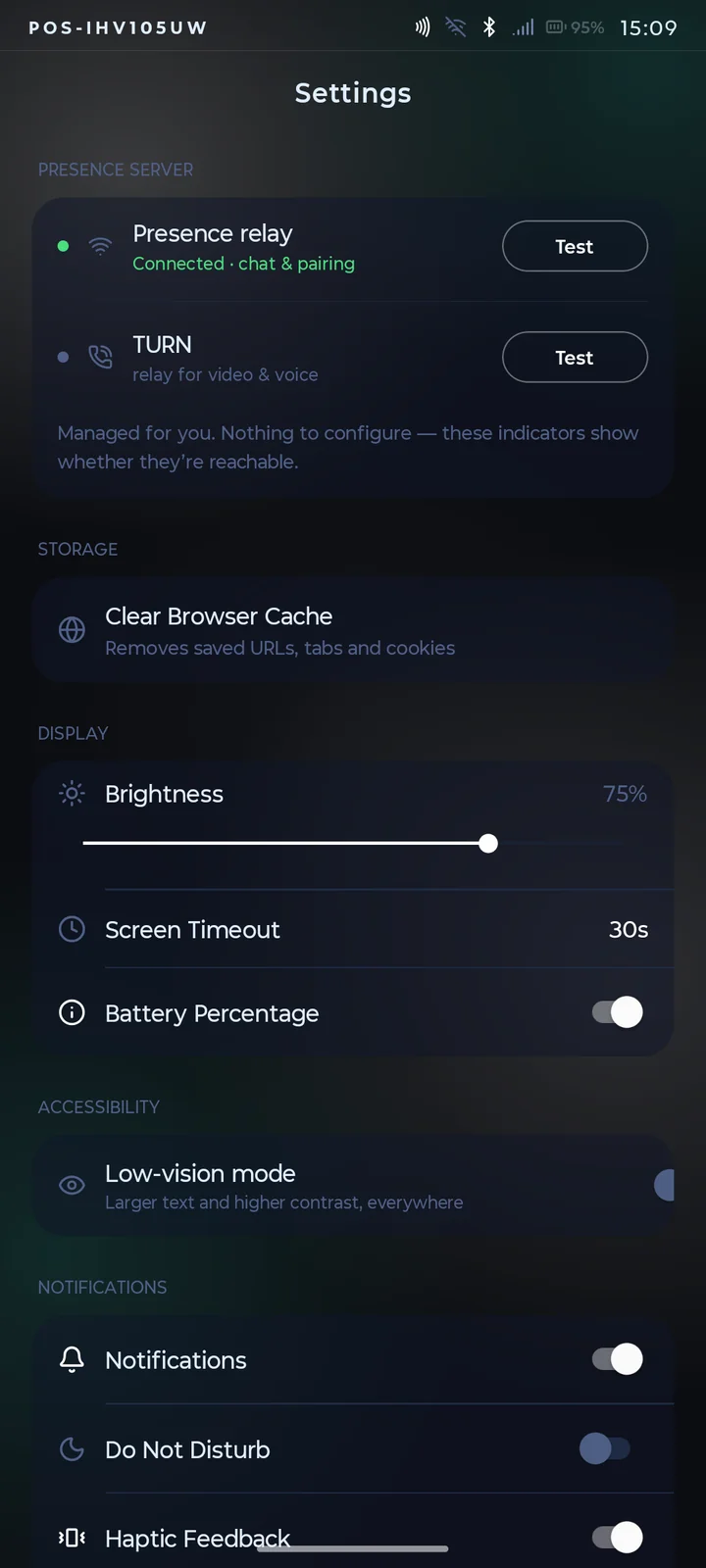 The relay and TURN live-probe screen in Settings