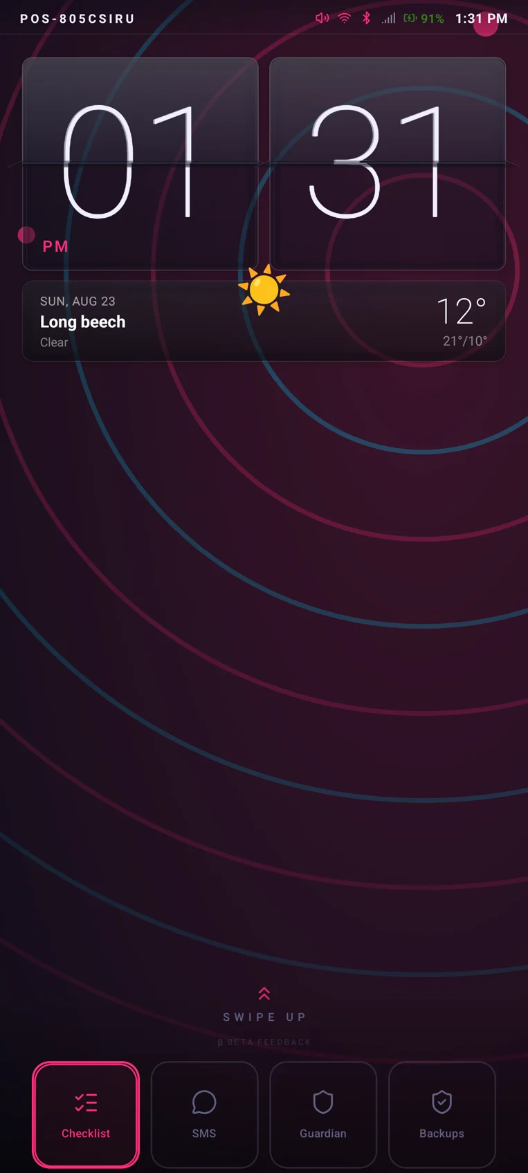 Real PresenceOS 2.0.23 screenshot: home screen with flip clock, weather card and the four quick boxes — Orbit theme