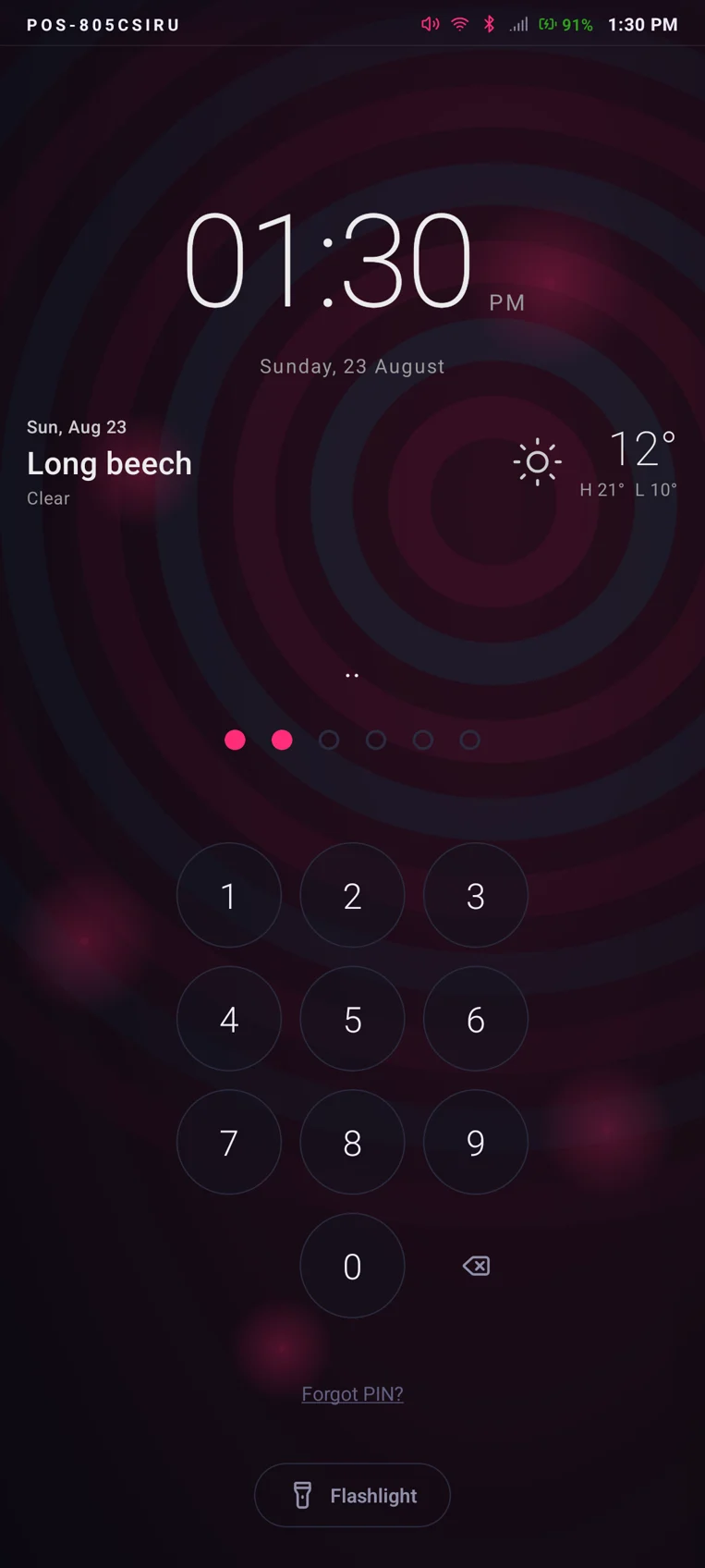 Real PresenceOS 2.0.23 screenshot: lock screen with time, weather and the six-digit PIN pad
