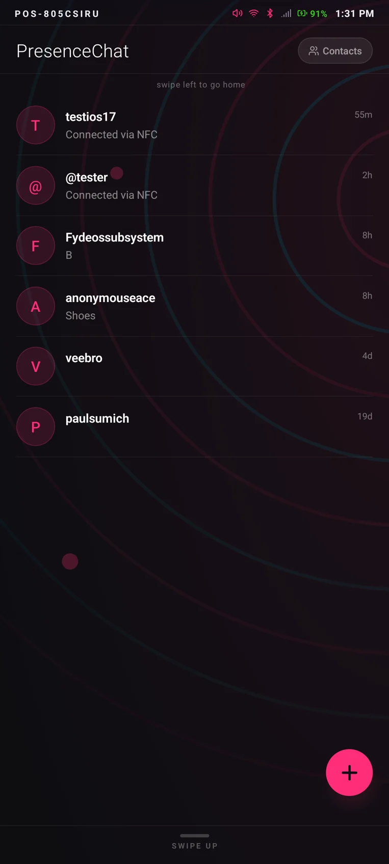 Real PresenceOS 2.0.23 screenshot: PresenceChat conversation list, contacts connected via NFC