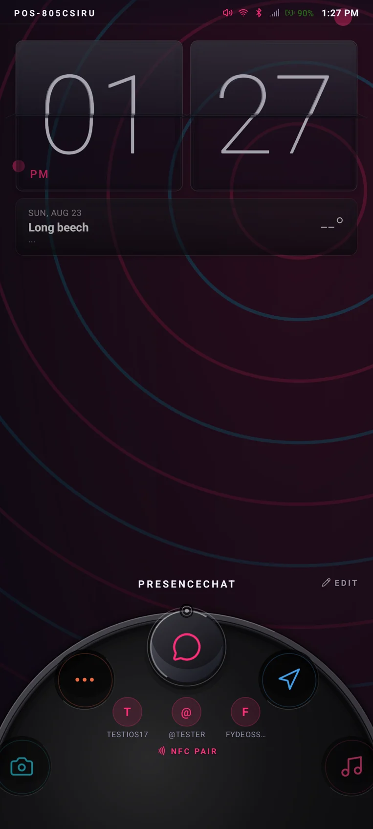 Real PresenceOS 2.0.23 screenshot: the rotary launcher open with PresenceChat selected — Orbit theme, NFC Pair beneath the contact ring
