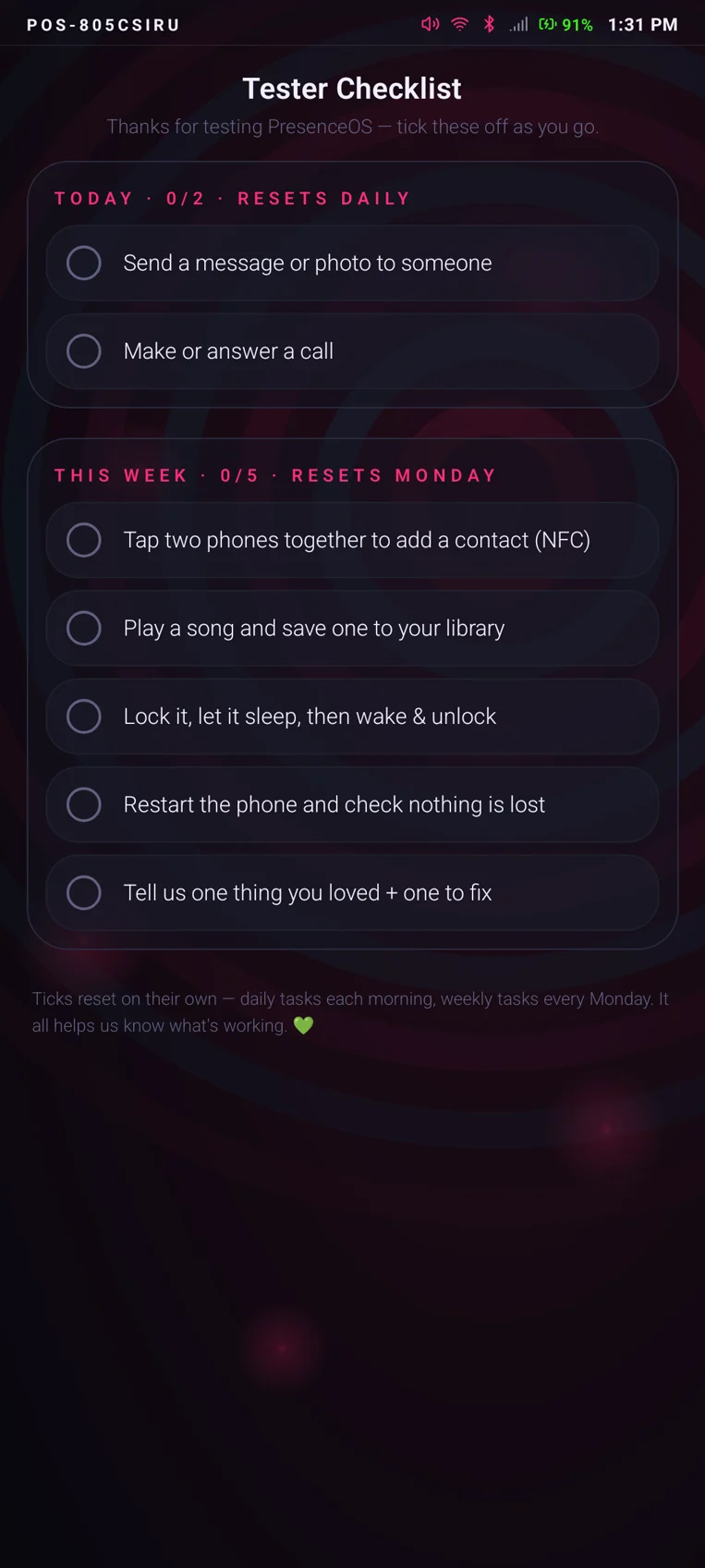 Real PresenceOS 2.0.23 screenshot: the tester checklist with daily and weekly tasks
